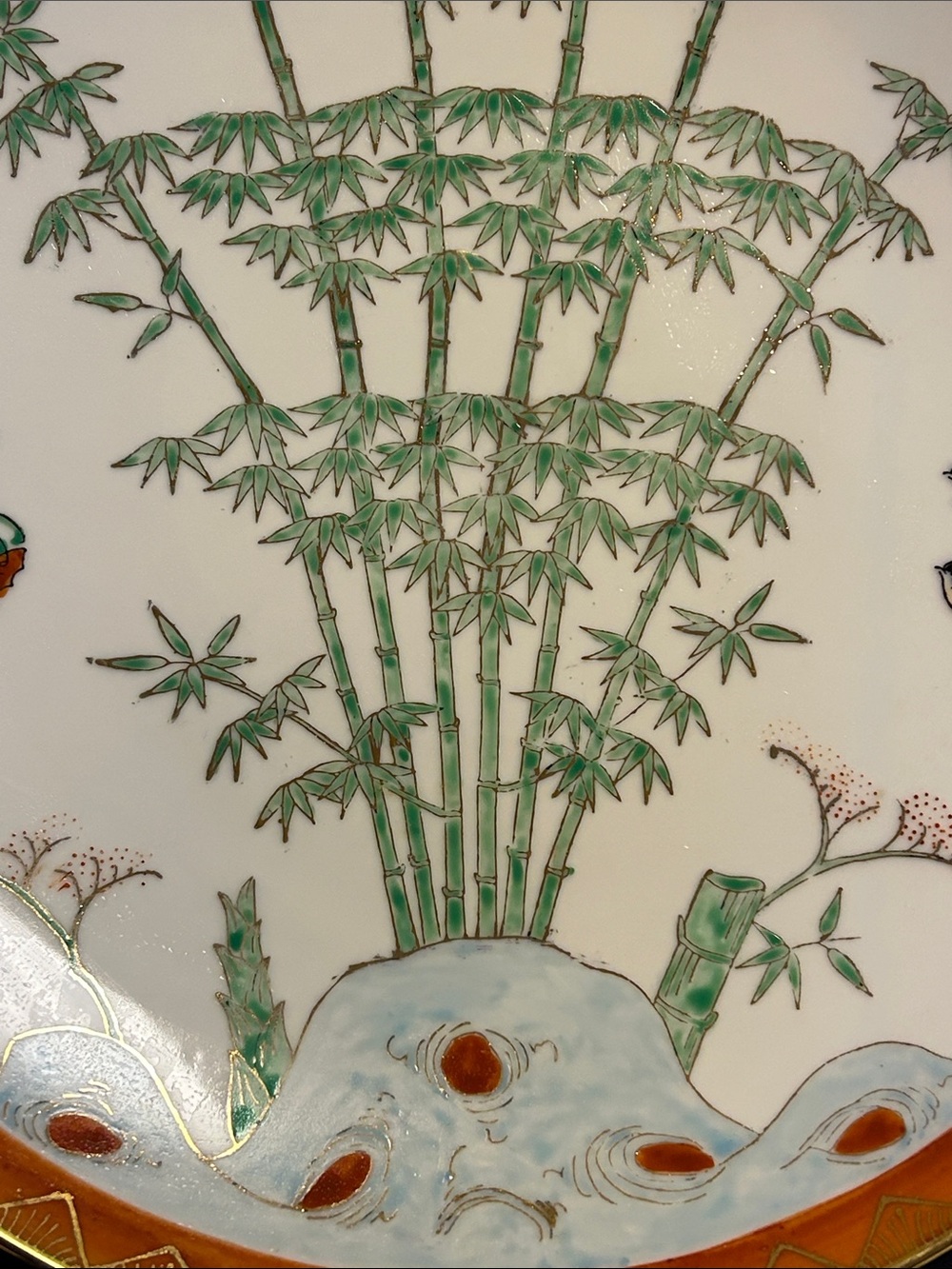 Hand-painted Bamboo & Birds Decorative Porcelain Plate in Orange and Green image 4